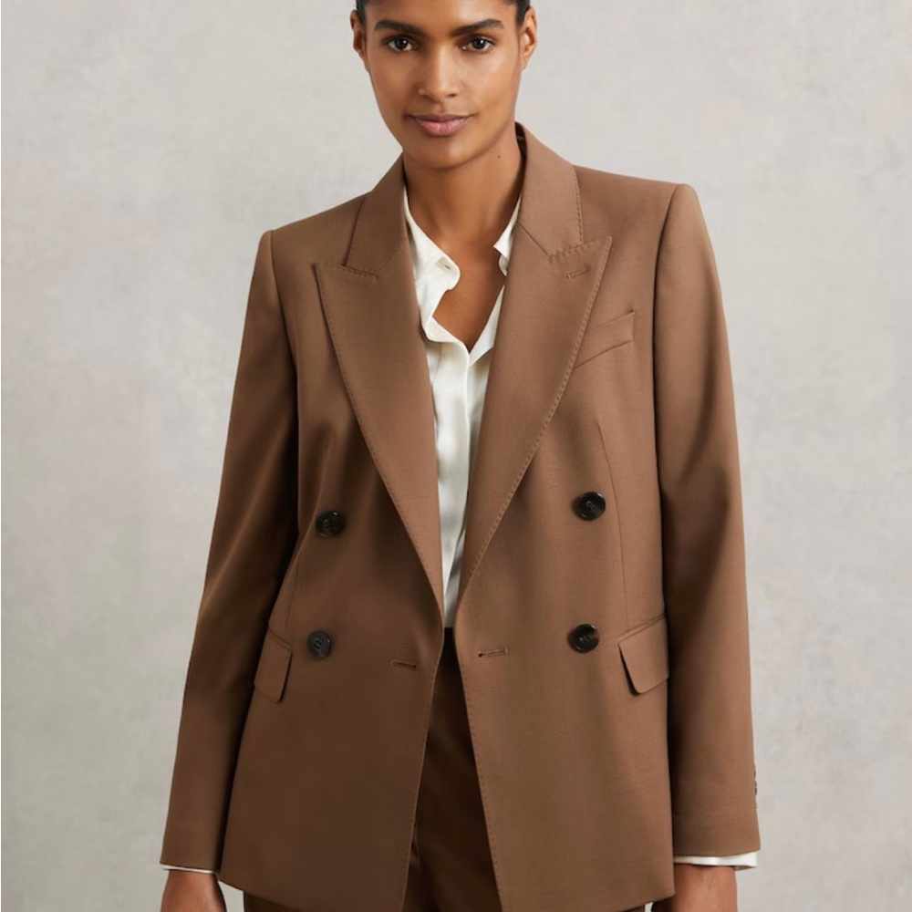 REISS- Solene Tan Double-Breasted Blazer